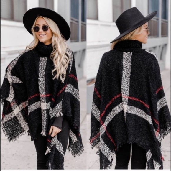 Jackets & Blazers - Plaid Navy Blue Turtle Neck Poncho